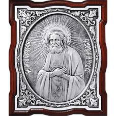 Икона Серафим Саровский в серебре и деревянной рамке (арт. 12240403)