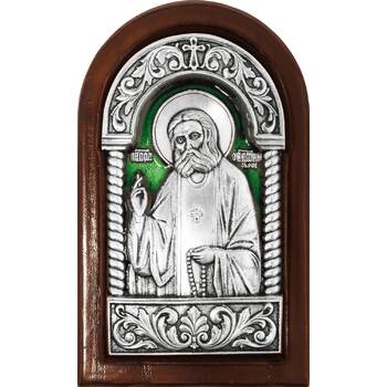 Икона Серафим Саровский в серебре с эмалью и деревянной рамке (арт. 12240412)