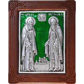 Икона Сергий и Герман Валаамские в серебре с эмалью и деревянной рамке (арт. 12240416)