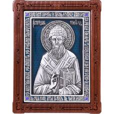 Икона Спиридон Тримифунтский в серебре с эмалью и деревянной рамке (арт. 12240423)