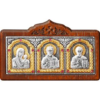 Икона в машину с образами Господь Вседержитель, Пресвятая Богородица, Николай чудотворец в серебре (арт. 12240444)