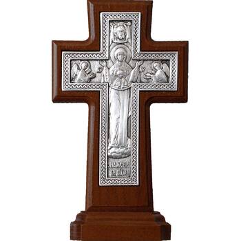 Крест настольный двухсторонний (Распятие, Божия Матерь 'Знамение') в серебре и рамкой из ясеня (арт. 12240473)