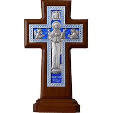 Крест настольный двухсторонний (Распятие, Божия Матерь "Знамение") в серебре с эмалью (арт. 12240474)