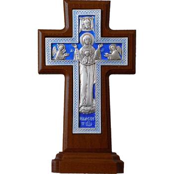 Крест настольный двухсторонний (Распятие, Божия Матерь 'Знамение') в серебре с эмалью (арт. 12240474)