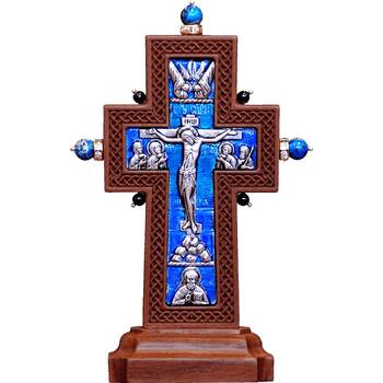 Крест настольный 'Малый с камнями' в серебре с эмалью и рамкой из ясеня (арт. 12240480)
