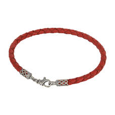 Браслет на руку из плетеного кожаного шнурка красного цвета с серебряным карабином 13171-2