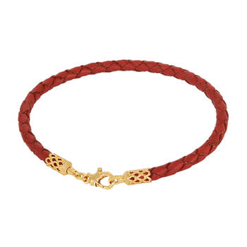 Браслет на руку из плетеного кожаного шнурка красного цвета с позолоченным замком 13172-2