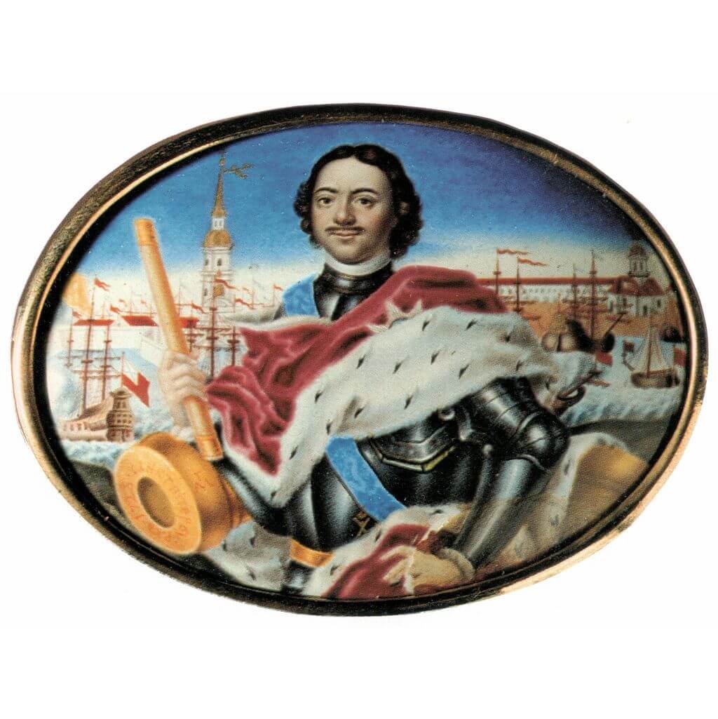 Портрет Петра I на фоне Петропавловской крепости и Троицкой площади. 1723 г. эмаль на золоте